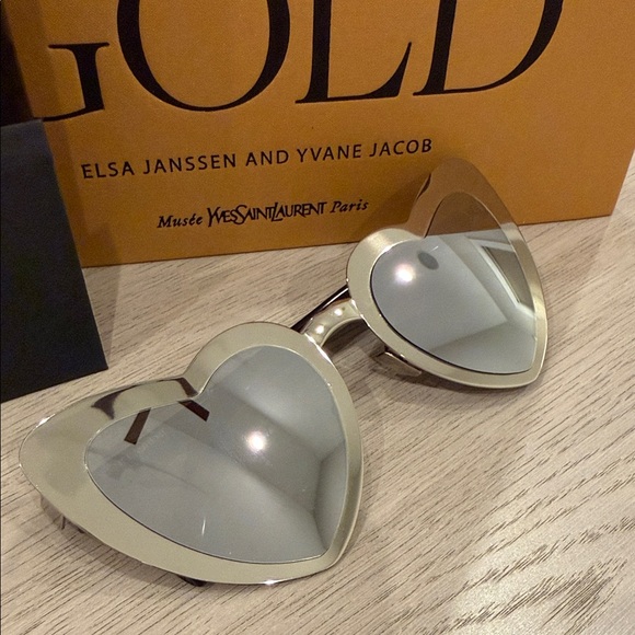 Saint Laurent Heart Shield Sunglasses Silver Mirror Runway Statement Rare YSL
